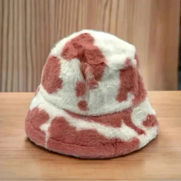 Boutique Minky Soft Pink and White Cow Print Bucket Hat Pumpkin Patch Fall Walks - Picture 4 of 6